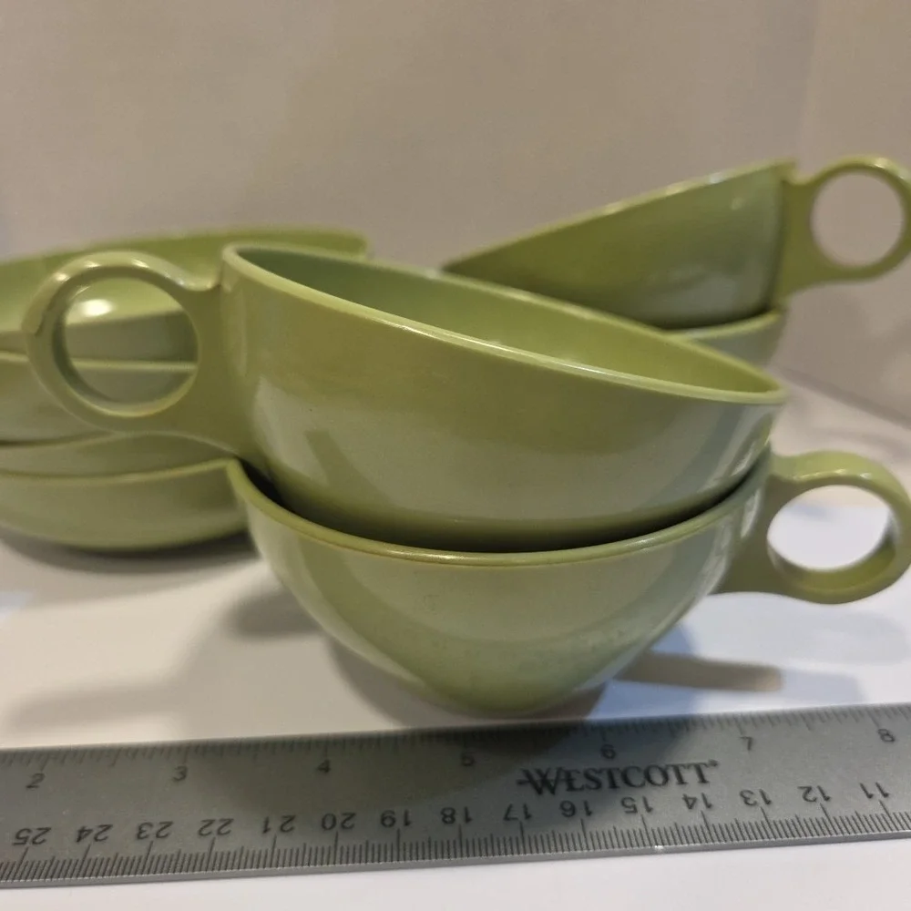 Vtg Prolon Melmac #7403 Olive Avocado Green Melamine Coffee Tea Cups Bowls Set 8